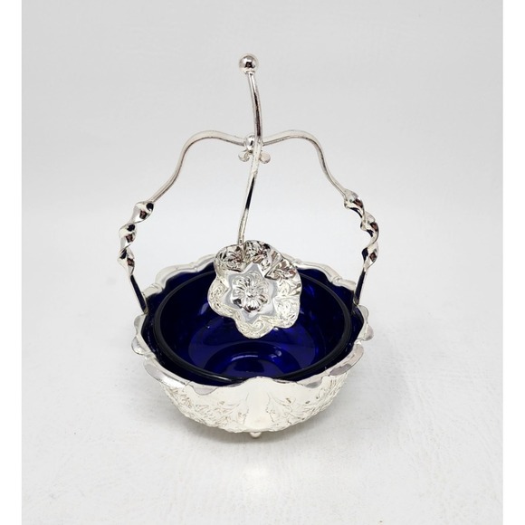 Mayell Silverplated Basket and Spoon w Cobalt Blue Glass Jam Relish Bowl England - Picture 2 of 16